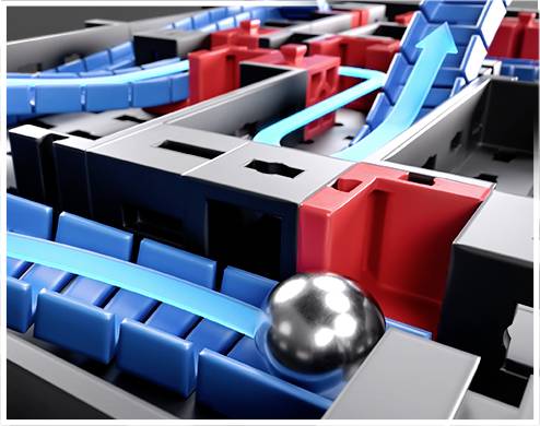 Labirynt z niebieskim torem kulek i srebrną kulką prowadzoną przez czerwone i niebieskie bariery.