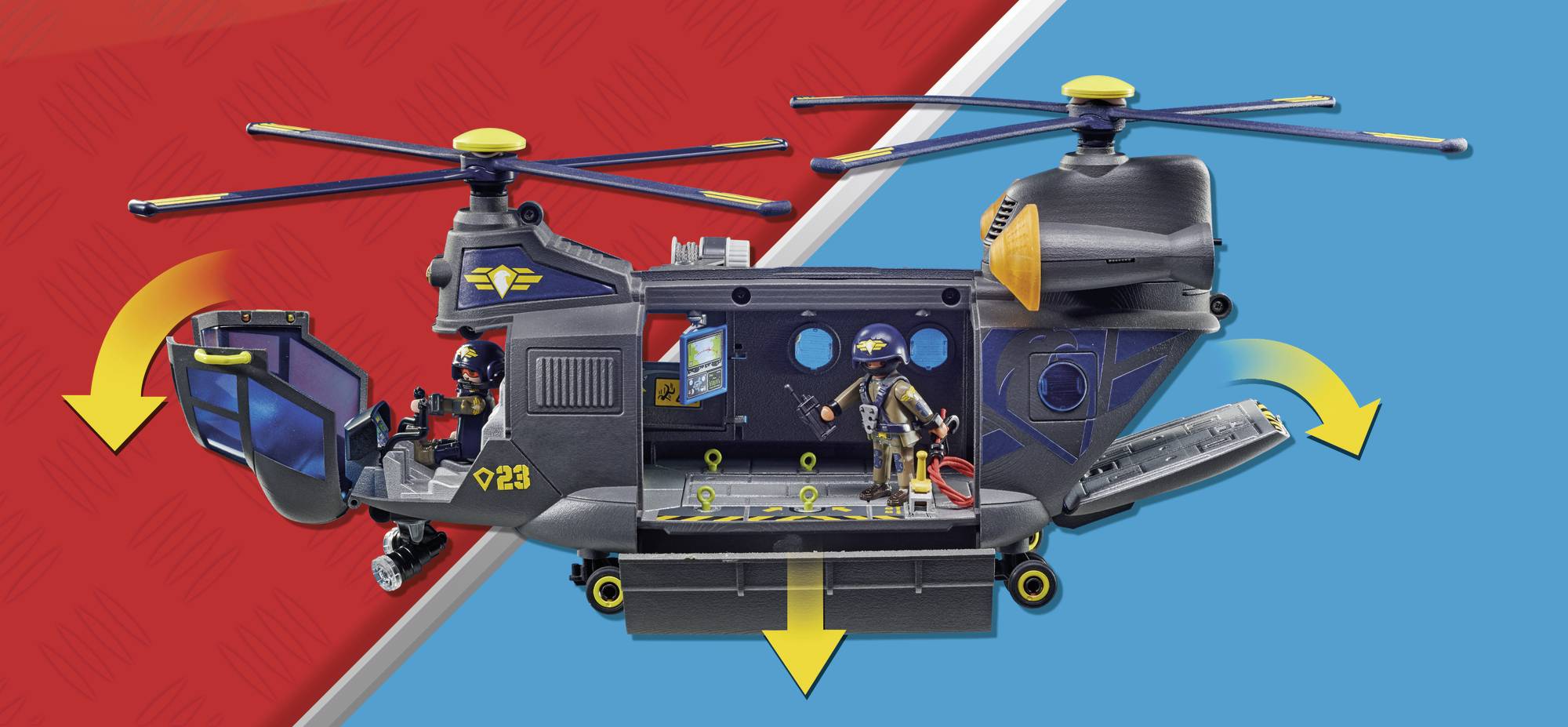 Zabawkowy helikopter z otwartymi drzwiami, figurki wewnątrz. Helikopter prezentuje funkcje ruchu i akcesoria na kolorowym tle.