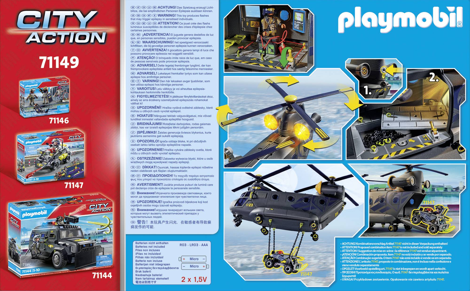 Helikopter zabawkowy Playmobil z akcesoriami. Zawiera ilustracje opakowania, instrukcję montażu i prezentację funkcji w dwóch krokach.