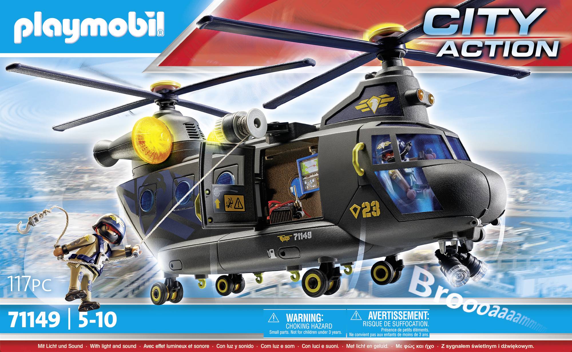 Zestaw helikoptera Playmobil z pilotem ratownikiem i wyposażeniem, odpowiedni dla dzieci w wieku 5-10 lat, zawiera 117 elementów.