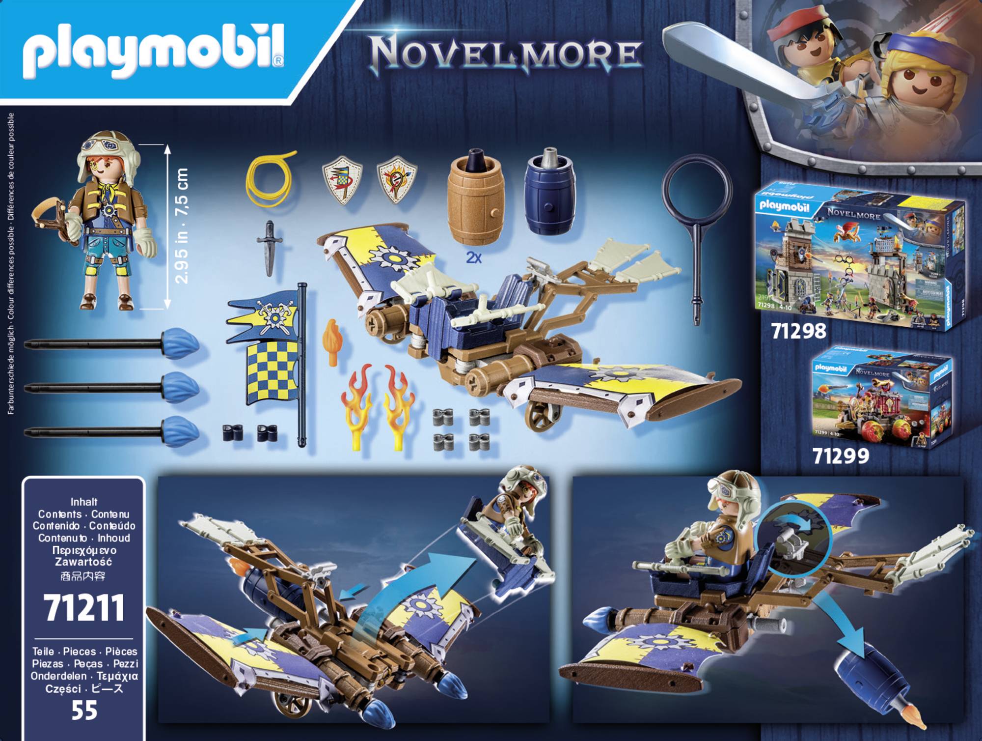 Zestaw Playmobil "Novelmore": Zawiera figurkę, urządzenie latające, katapultę, tarcze, broń i akcesoria. Polecany do kreatywnej zabawy.