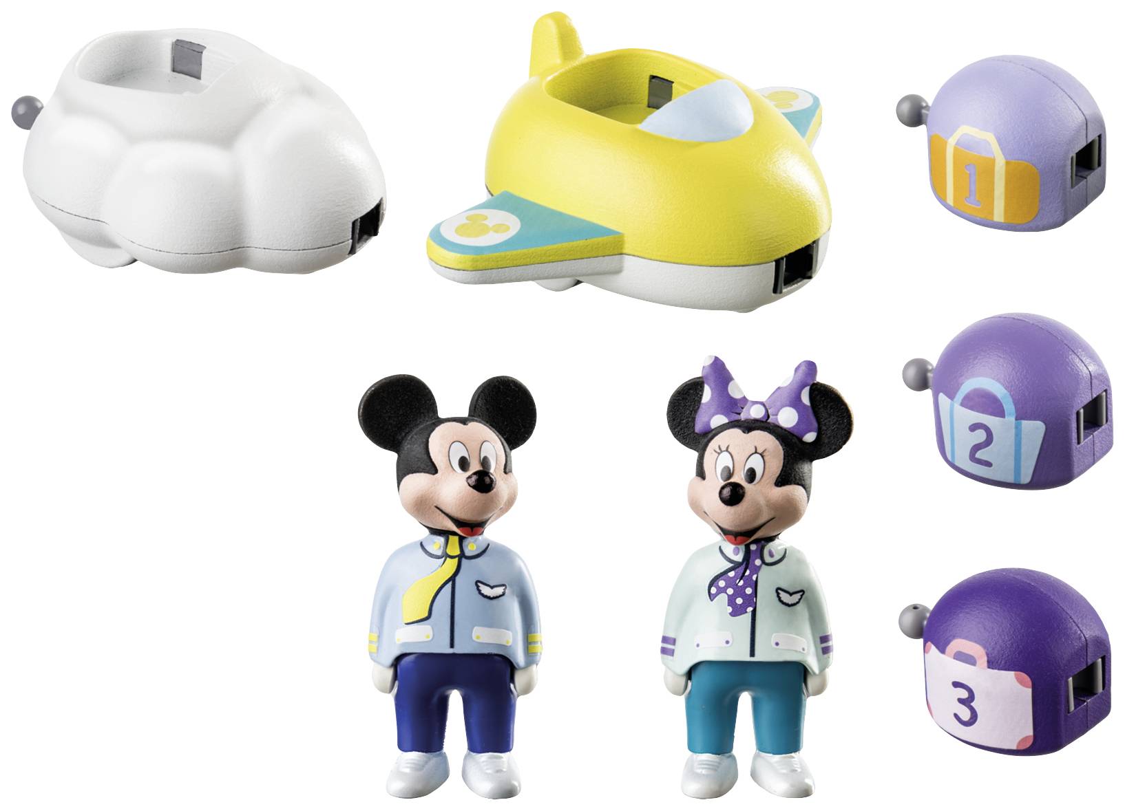 Dwie postacie przedstawiające mysz, z żółtą bazą zabawkowego samolotu i trzema kolorowymi walizkami ponumerowanymi 1, 2 i 3.