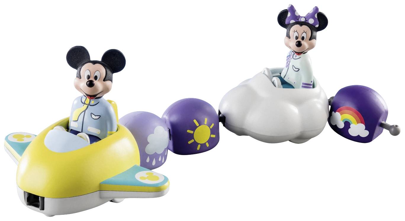 Dwie figurki zabawkowe, jedna w żółtym samolocie, a druga w chmurce, połączone kolorową kulą z wzorem słońca i tęczy.