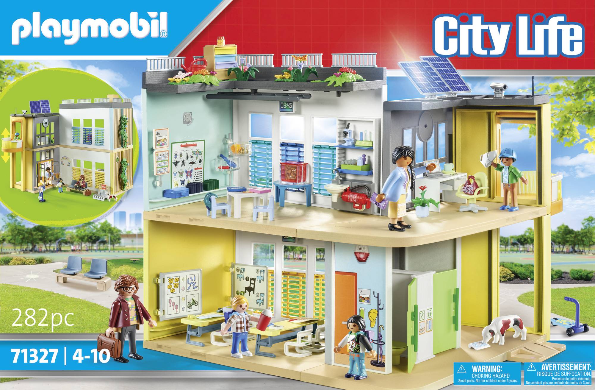 Zestaw Playmobil z serii 'City Life', przedstawiający dwupiętrowy budynek z figurkami, meblami i akcesoriami. Zalecany dla dzieci w wieku 4-10 lat.