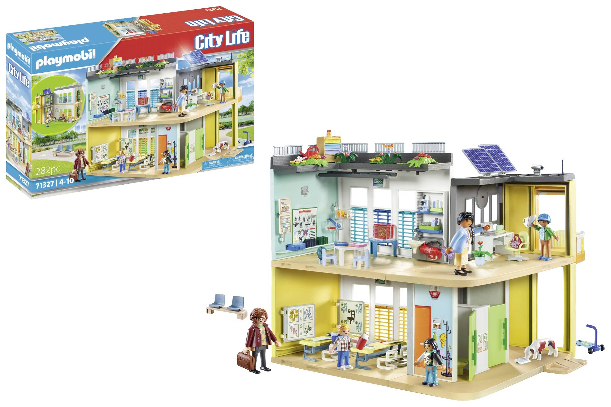 Zestaw Playmobil City Life: Nowoczesna dwupiętrowa szkoła z figurkami, meblami, salami lekcyjnymi i panelami słonecznymi na dachu.