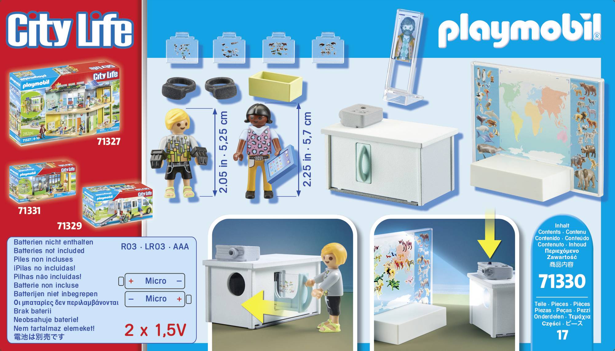 Zestaw Playmobil Życie Miasta 71330: Gabinet Weterynaryjny z figurkami, ladą recepcyjną, wyposażeniem medycznym i informacją o bateriach. Logo marki na górze.