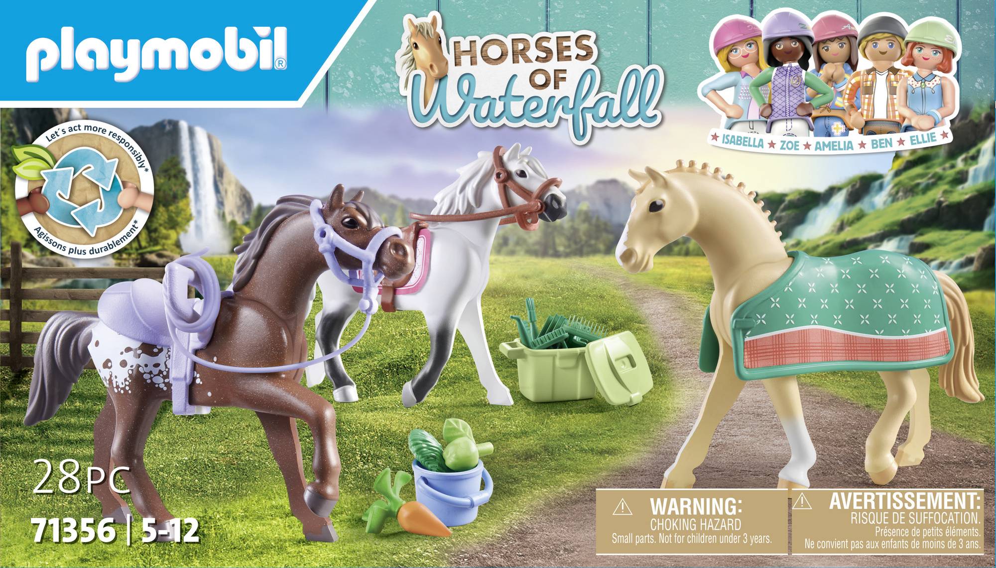 Zestaw 'Playmobil Konie Wodospadu': Trzy konie z wyposażeniem na zielonej łące, dzieci w strojach jeździeckich, górski krajobraz w tle.