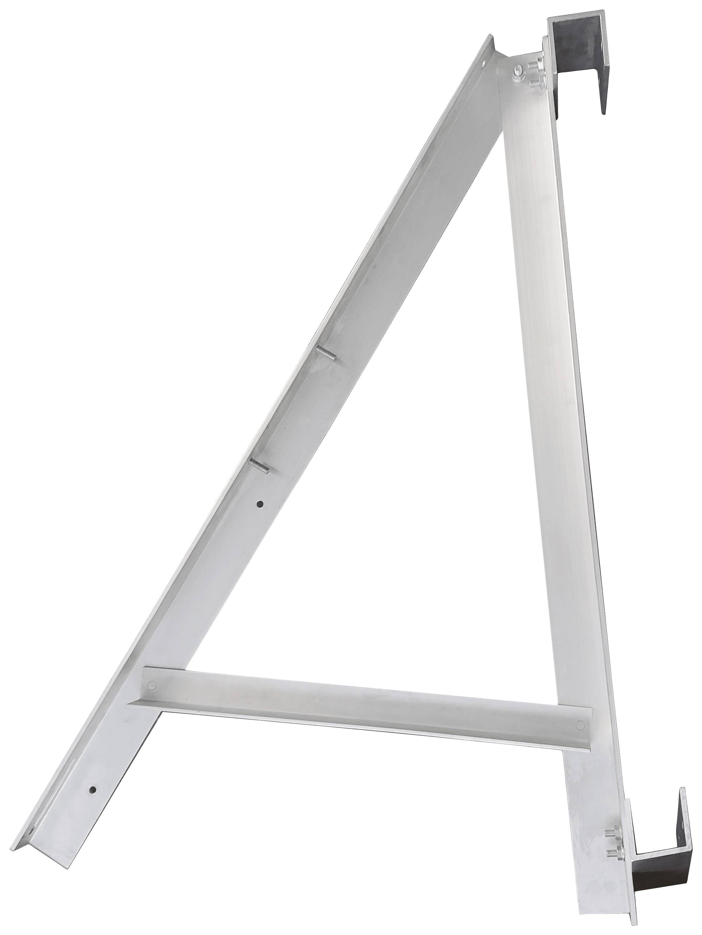 Metalowy kątownik w kształcie litery A z dwoma hakami na końcach, prawdopodobnie do mocowania lub jako wspornik półki.