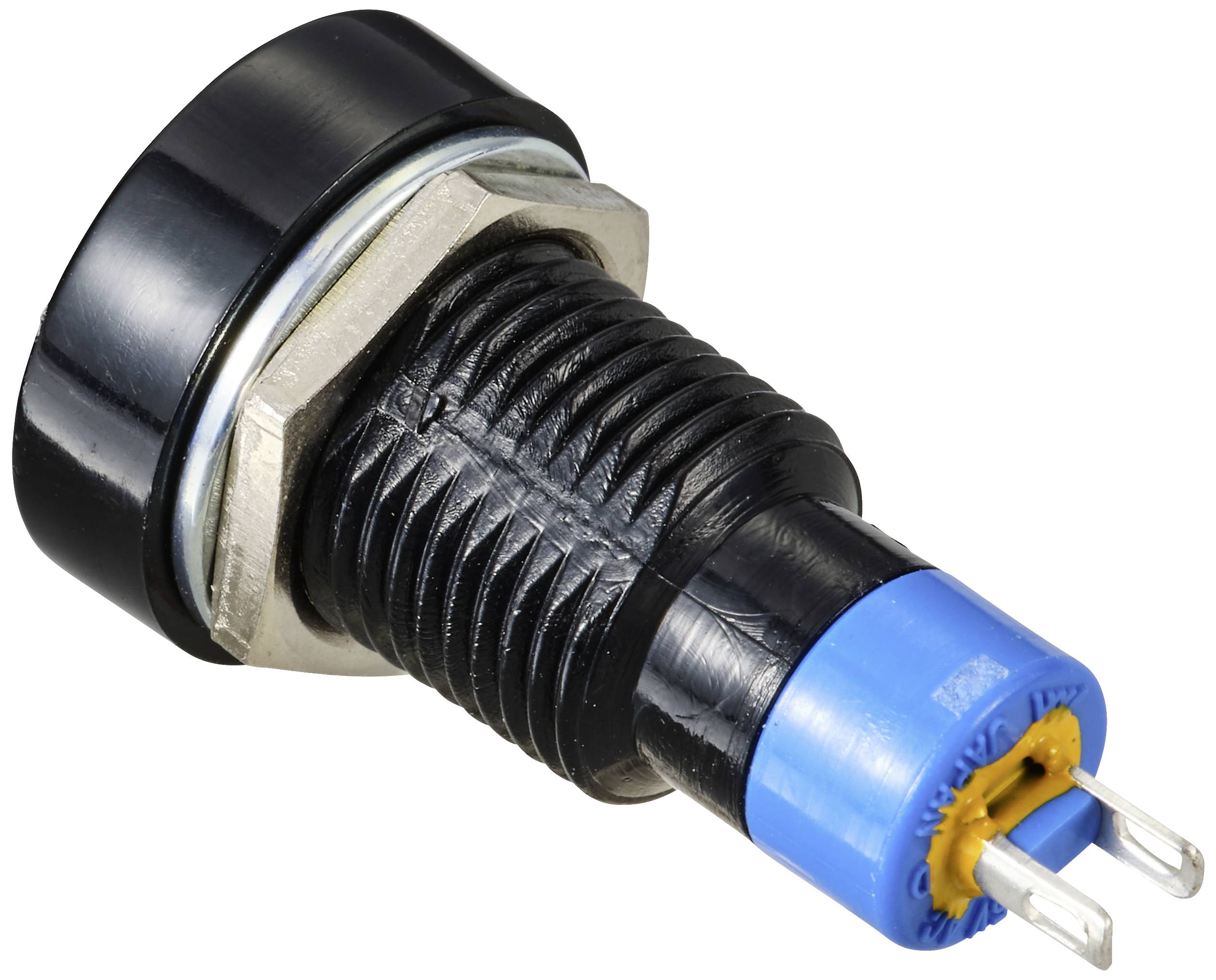 Okrągły, czarny przycisk wciskany z niebieskim i żółtym pierścieniem u podstawy, z dwoma widocznymi metalowymi stykami do podłączenia.