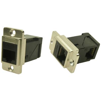 Dwie czarne gniazda Ethernet z metalowymi ramkami, ukazane z różnych perspektyw. Nadają się do połączeń sieciowych.