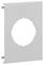 Kwadratowa, srebrna osłona z okrągłym wycięciem pośrodku, prawdopodobnie przeznaczona do zastosowania w instalacjach elektrycznych.