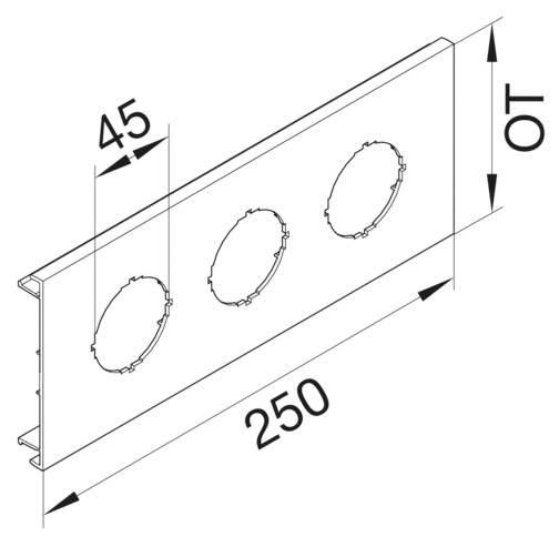 Rysunek prostokątnego panelu z trzema okrągłymi otworami. Wymiary: 250 mm długości, 45 mm wysokości, 10 mm głębokości.