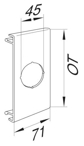 Rysunek techniczny prostokątnego obiektu o wymiarach 45 x 71 mm. W środku znajduje się otwór o kształcie koła.