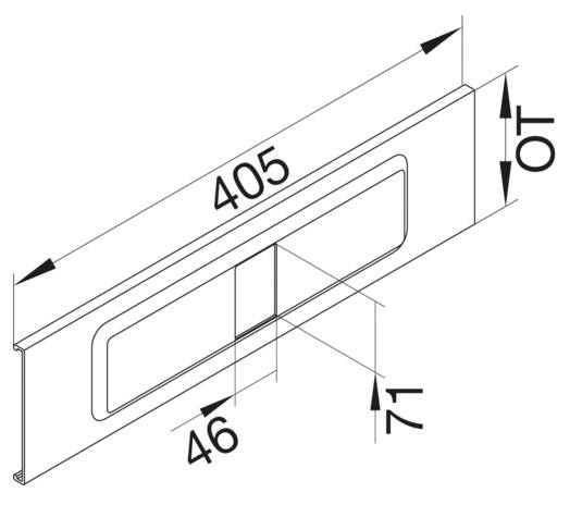 Rysunek techniczny prostokątnego elementu z wymiarami: długość 405 mm, szerokość 71 mm, wysokość 10 mm, wycięcie o wymiarze 46 mm.