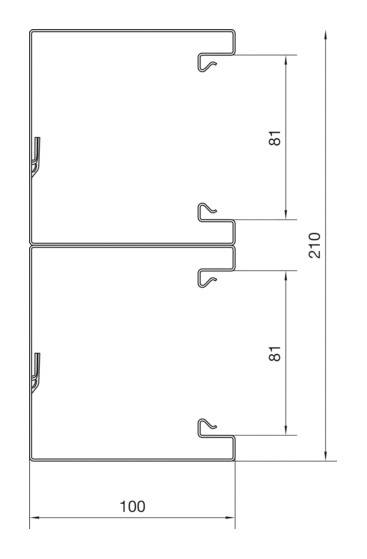 Diagram struktury z dwoma prostokątnymi elementami ułożonymi jeden nad drugim. Wysokości: 81 i 210 mm, szerokość: 100 mm.