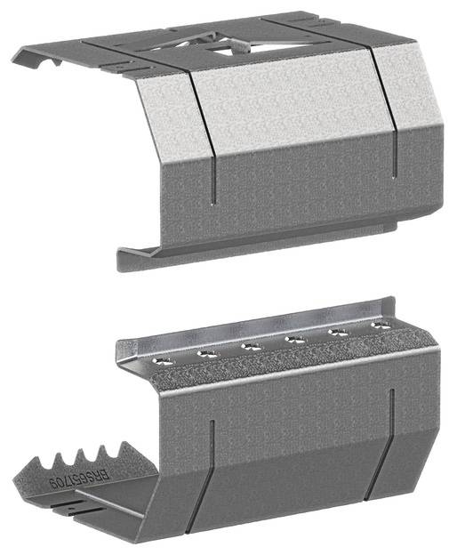 Zestaw klipsów metalowych do mocowania, składający się z dwóch części z ząbkowanymi krawędziami i otworami na śruby, przeznaczony do modularnych systemów montażowych.