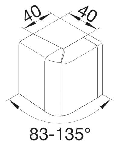 Rysunek izometryczny kwadratowego obiektu ze ściętym narożnikiem. Wymiary: 40x40, kąt między 83-135 stopniami.