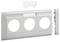 Biała plastikowa ramka z trzema otworami w kształcie koła, przeznaczona do montażu gniazd elektrycznych lub włączników. Akcesoria widoczne u góry i po prawej stronie.