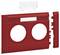 Czerwona plastikowa osłona z dwoma okrągłymi wycięciami i zdejmowaną częścią, prawdopodobnie odpowiednia dla gniazd elektrycznych lub przełączników.