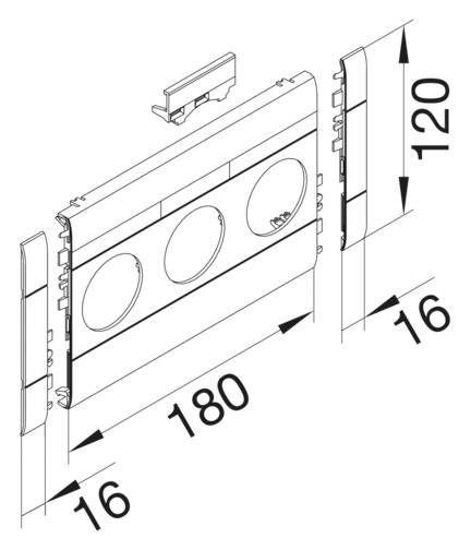 Rysunek technicznego diagramu prostokątnej ramy gniazdka o całkowitych wymiarach 180x120 mm z bocznymi klapkami o szerokości 16 mm.