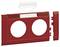 Czerwona płyta osłonowa z dwoma okrągłymi otworami i zdejmowaną, przezroczystą pokrywą u góry, prawdopodobnie przeznaczona do gniazd elektrycznych lub włączników.