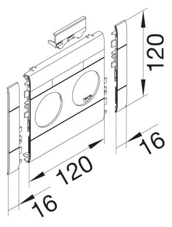 Rysunek rozstrzelony podwójnego gniazda elektrycznego. Wymiary: szerokość 120 mm, wysokość 120 mm, głębokość 16 mm. Przedstawia komponenty i ich rozmieszczenie.