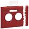 Czerwona plastikowa osłona z dwoma okrągłymi wycięciami i przezroczystą górną listwą, odpowiednia do gniazdek lub włączników.