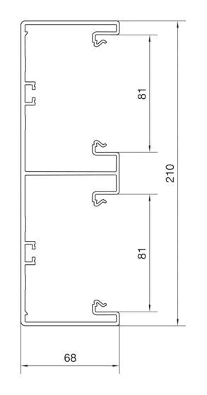 Przekrój poprzeczny struktury profilu aluminiowego składającej się z trzech segmentów o następujących wymiarach: szerokość 68 mm, wysokość 210 mm, wysokość każdego segmentu 81 mm.