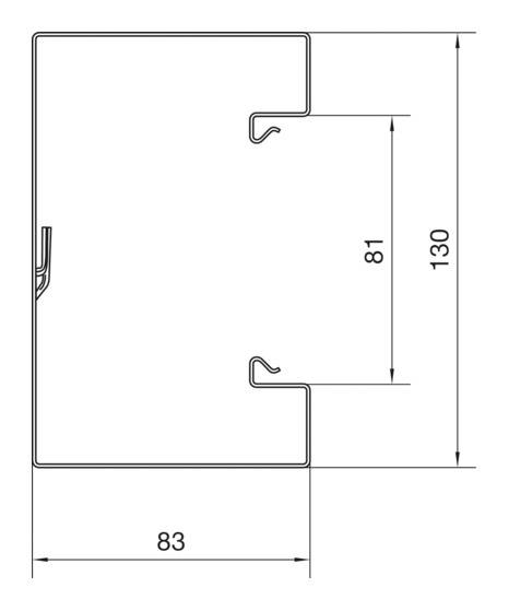 Liniowy rysunek techniczny profilu metalowego z wymiarami: szerokość 83 mm, wysokość 130 mm. Wymiar wewnętrzny w pionie 81 mm.