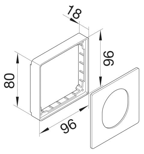 Diagram kwadratowej obudowy z widokiem z boku i płytą czołową. Wymiary: 96 mm szerokości, 96 mm wysokości, 80 mm głębokości.