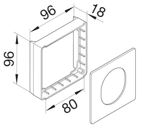 Rysunek techniczny kwadratowej pokrywy o wymiarach: 96x96x18 mm z okrągłym wycięciem o głębokości 80 mm.