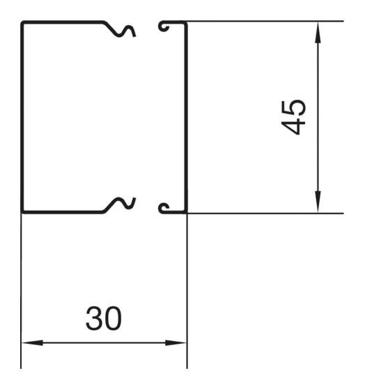 Rysunek techniczny metalowego profilu z wymiarami: szerokość 30 mm, wysokość 45 mm. Przedstawia widok poprzeczny i boczny.
