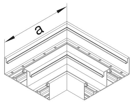 Rysunek przedstawia połączenie narożne systemu profili ze strzałką i literą 'a', wskazującą kierunek całkowitej szerokości.