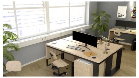 Nowoczesna przestrzeń biurowa z dwoma biurkami, każde wyposażone w monitor komputera, krzesła i rośliny. Duże okna zapewniają obfite naturalne światło.