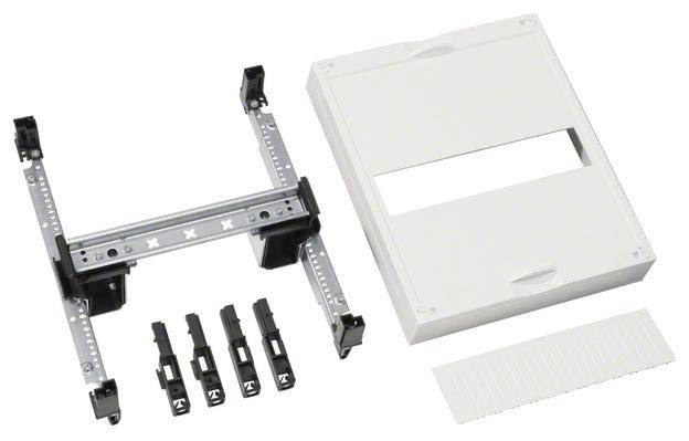 Zestaw montażowy składa się z białej płyty osłonowej, metalowego uchwytu montażowego, trzech czarnych mocowań oraz ogranicznika paska.