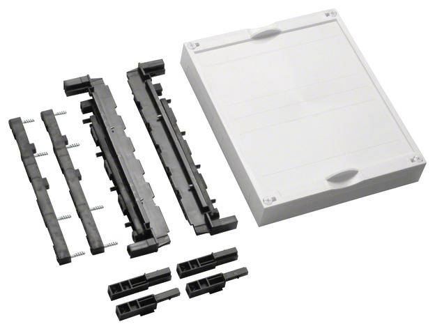 Komponenty z tworzywa sztucznego systemu wtykowego, składające się z kilku czarnych złączy oraz białej osłony obudowy.