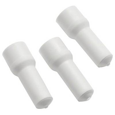 Trzy białe plastikowe nakładki w kształcie cylindra, równomiernie ułożone obok siebie, na białym tle.