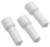 Trzy białe plastikowe nakładki w kształcie cylindra, równomiernie ułożone obok siebie, na białym tle.