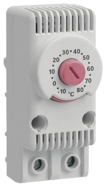 Termostat z pokrętłem do ustawiania temperatury, zakres 0-80 °C. Obudowa w kolorze szarym, czerwona skala, widoczne szczeliny wentylacyjne.