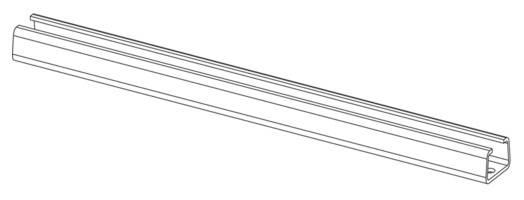 Techniczny rysunek przedstawia prostą metalową listwę z rowkiem w kształcie litery U, przeznaczoną do stosowania w szynach montażowych.
