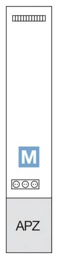 Prostokątny diagram przedstawia rozmieszczenie licznika energii elektrycznej ('M') z polem APZ poniżej. Na górze znajdują się symbole.