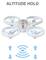 Biały dron z czterema wirnikami wisi w powietrzu. Powyżej niego widnieje napis 'ALTITUDE HOLD'. Na dole znajdują się symbole stabilizacji wysokości.