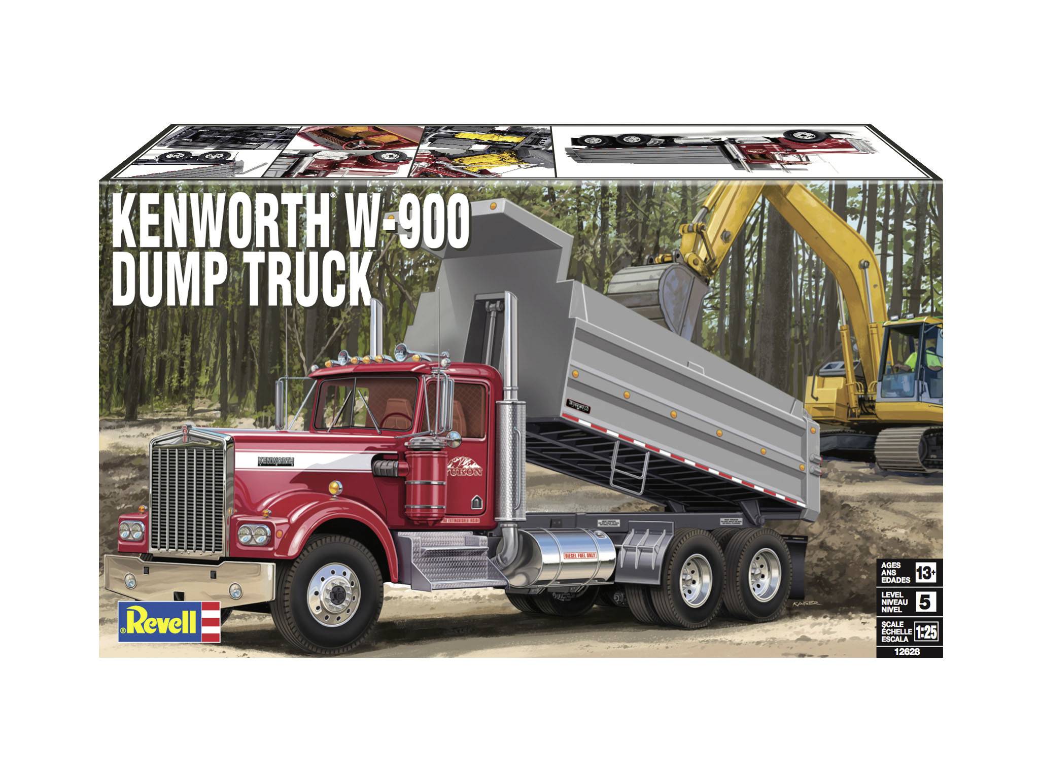 Opakowanie zestawu modelarskiego Revell przedstawiającego ciężarówkę wywrotkę Kenworth W-900, zilustrowane czerwoną ciężarówką modelu i żółtą koparką w tle.