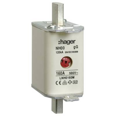 Wkładka bezpiecznikowa NH firmy Hager, model NH00 gG, o wartości znamionowej 160A i 500V, przeznaczona do ochrony obwodów elektrycznych zgodnie z normą EN/IEC 60269.