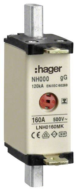 Wkładka bezpiecznikowa NH firmy Hager, typ NH000 gG, 160A, 500V, prezentuje specyfikacje techniczne i symbole dla bezpieczników elektrycznych.