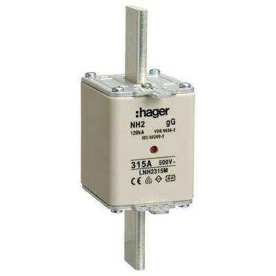 "Wkładka bezpiecznikowa Hager NH2 gG, 120kA, 315A, 500V, VDE 0636-2, IEC 60269-2, LNH2315M" z logo producenta.
