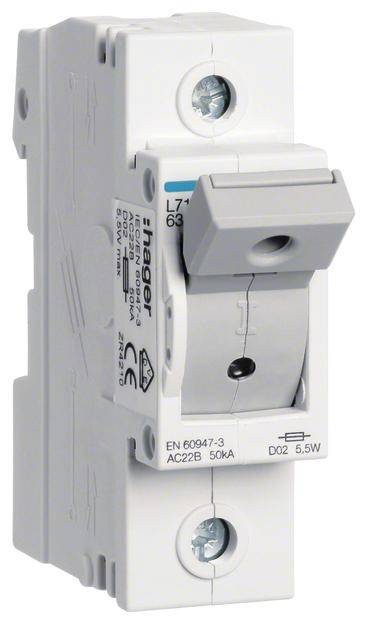 Biały wyłącznik nadprądowy firmy Hager, model EN 60947-3, z przełącznikiem w kolorze szarym, z wydrukowanymi specyfikacjami technicznymi.