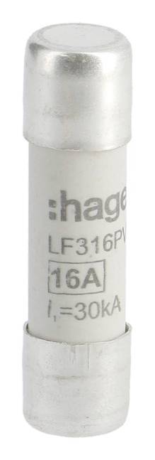 Cylindryczna bezpiecznik z napisem 'Hager LF316PV', o wartości znamionowej '16A' oraz 'I₆=30 kA'. Jest ona stosowana przede wszystkim w systemach elektrycznych.