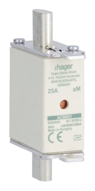 Wkładka bezpiecznikowa NH firmy Hager, typ 00, 25A, 690V, wyprodukowana w Niemczech.