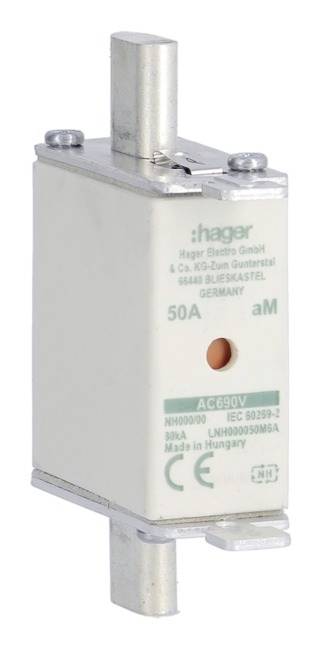 Wkładka bezpiecznikowa NH firmy Hager o prądzie znamionowym 50A i napięciu znamionowym 690V, wyprodukowana na Węgrzech.